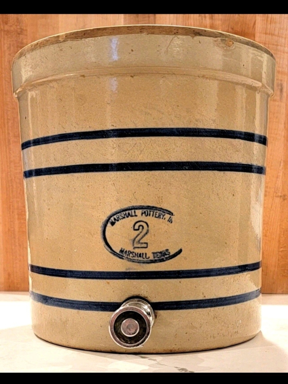 Marshalls Pottery Beige and Navy Blue Stoneware Crock with Spigot